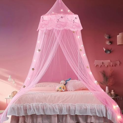 Wnqou Pink Mosquito Net for Girls Princess Bed Netting Canopy for Bedroom with Round Lace for Punch-free Installation Bed Net for Single or Double Bed Ideal for Decorative