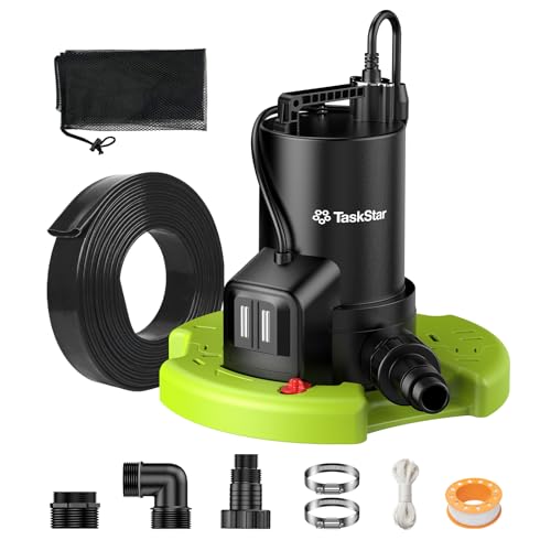 TaskStar 3035 GPH Automatic Pool Cover Pump with 23ft Hose Kit, 1/3 HP Submersible Water Pump with Anti-Clogging Filter Net & 3/4” Check Valve Adapter for Swimming Pool, Hot Tubs, Pond, Rooftops