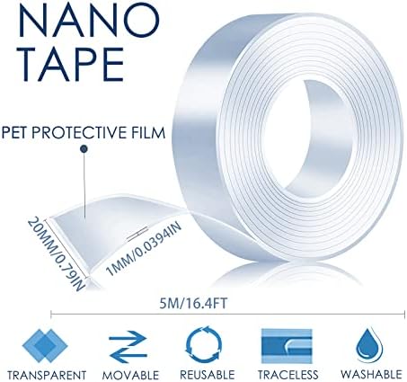 5M*20MM Double Sided Nano Adhesive Tape Heavy Duty, Strong Reusable Washable Traceless Sticky Tape Strips for Wall Photos Posters Paste, Carpet Fixing