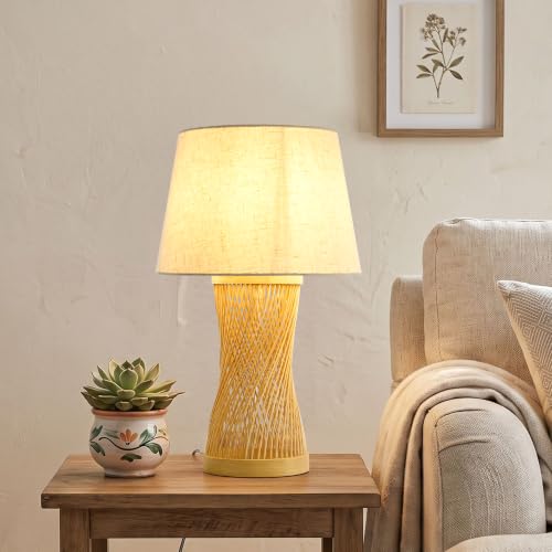 Image of Boho Table Lamp, 17 inch Bamboo Bedside Lamp for Living Room | Farmhouse Nightstand Lamp for Bedrooms, End Tables, Home Decor, Handwoven rattan Base, Linen Shade, E26 Socket
