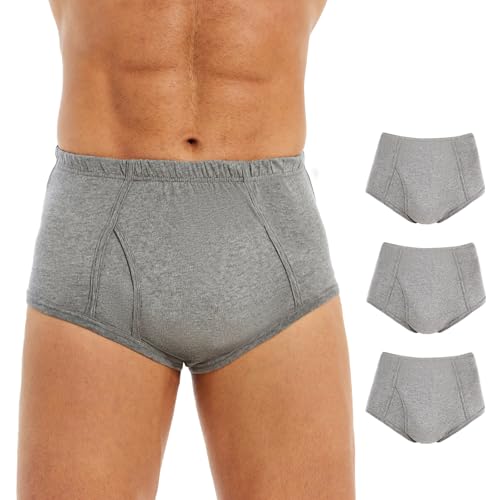 PurityLock Men's Incontinence Underwear Washable - Cotton Leak Proof Briefs with Flying, Complete Front & Rear Leakproof, 150ml Absorbency (3 Pack, Gray, M)