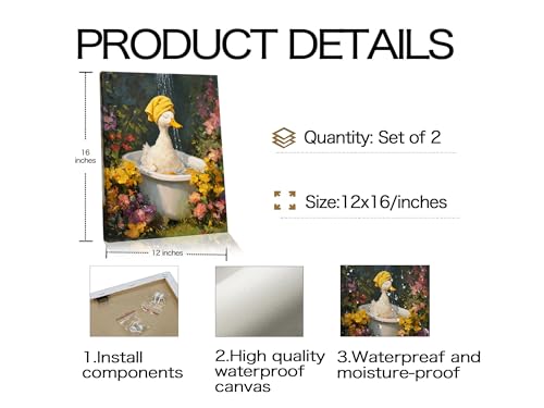 Image of Frimeeme Duck Canvas Wall Art, 2 Pcs, 12x16 Inch | Duck Botanical in Bathtub Pictures Art, Floral Wall Paintings, For Bathroom Restroom Decor
