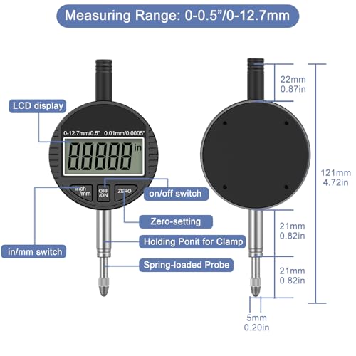 Image of HDLNKAK Digital Dial Indicator Gauge 0.5 inch /12.7mm,Resolution:0.0005'' /0.01mm | Electronic Digital Dial Indicator with Inch /Metric Conversion, LCD Display for Lathe, 3D Printing, Workshop, CNC, Table Saw