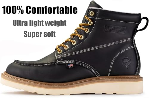 SUREWAY 6 in Mens Steel Toe Work Boots for Men-Full Grain Leather,Goodyear,Non-Slip EH Safety Industial Construction Wedge Moc Toe Work Boots/Shoes,Steel Toe Black,Size 92