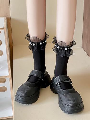 Image of CAT KO 2 Pairs Women Ankle Socks Lace Ruffle Frilly Pearl Soft Cotton Princess Girls socks for Lolita