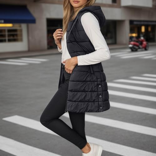 JiXiang Long Vest for Women Sleeveless Winter Warm Quilted Zipper Puffer Vest with Hood Padded Down Coat Jackets Outerwear3