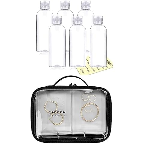 YICTEK Plastic Travel Bottles 100ml/3.4oz+ Clear Travel Size Jewelry Organizer Bag with Wide Top Cover Pages, See-through And large Capacity Jewelry Storage Book Organizer Binder Pages with Pouch Bags Cover