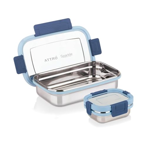 Image of ATTRO Sparkle Big Stainless Steel Lunch Box 2-Piece Set - 900ml + 200ml - Leak-Proof, BPA-Free, Compact & Durable - Ideal for Kids, Office, Travel - Blue