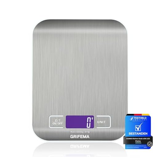 GRIFEMA - GA2002, Báscula de Cocina con Pantalla LCD, Acero Inoxidable, Balanza de Alimentos Multifuncional 5 kg/11 lbs, Azul [Exclusivo en Amazon]