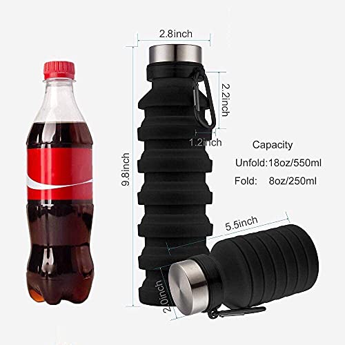 Image of we3 Collapsible Water Bottle, 550ml Reusable Silicone Light Water Bottles for Travel Outdoor Portable Leakproof Drinking Bottles with Carabiner (Black, Pack of 2)