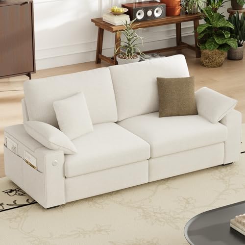 Image of MALOL 76 inch 3 Seater Loveseat, Upholstered Mid-Century Modern Couch with USB Type C Ports, 4 Pillows and Storage Armrest Cloud Foam Sofa for Living Room /Small Spaces, Beige