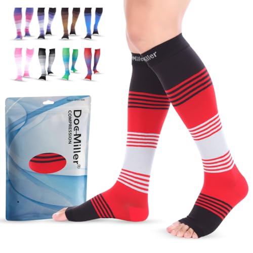 Image of Doc Miller Open Toe Compression Socks for Women & Men - 20-30 mmHg Knee High Compression Socks for Swelling, Varicose Veins, Travel & Nurses - Toeless Wide Calf Support, Leg Pain & Circulation-1 Pair