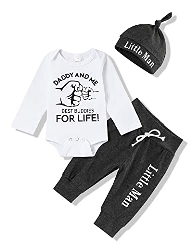 Image of TUEMOS Newborn Infant Baby Boy Clothes Letter Print Romper Pants Set Hat 3PC Outfits Set