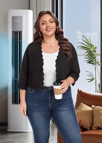 Lastshe Womens Plus Size Cardigan 3/4 Sleeve Lightweight V-Neck Buttons Down Ribbed Wave Edges Casual Knit Shrugs Sweater2