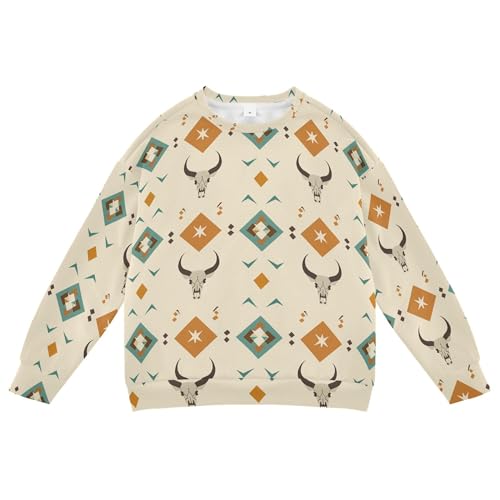 JUNZAN Western Cow Skulls Geometric Vintage Little Boys Sweatshirts Hoodies Fleece Boys Sweat Shirt Sports 4T