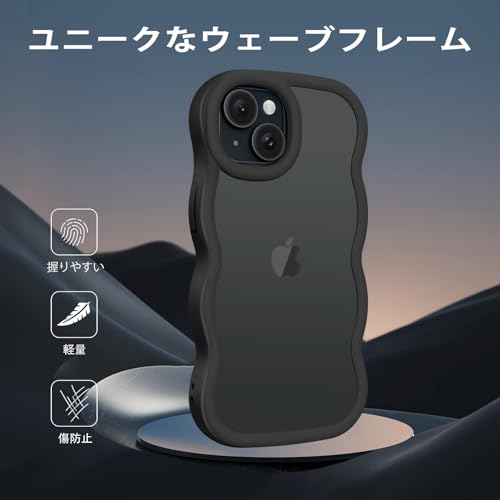 Telaso iphone13 ケース iphone 14 用 ケース iphone13ケース iphone 14 ケース 手首ストラップ付き ウェーブ 波状エッジ 耐衝撃 iphone 14ケース 落下防止 擦り傷防止 おしゃれ いphone14 ケース 半透明 薄型 軽量 指紋防止 アイフォン13/14 カバー ワイヤレス充電対応 6.1インチ ブラック