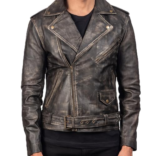 Image of Men's Leather Jacket Cafe Racer Biker Style Retro Stripes Jacket, Motorcycle Racing Leather Jacket Men
