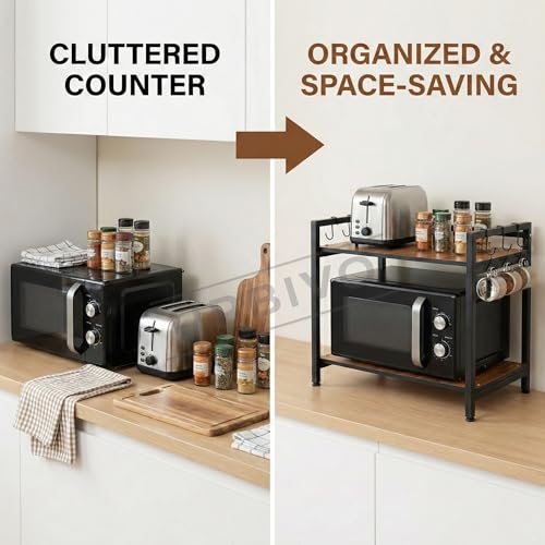 Image of Microwave Stand for Kitchen Platform 2 Tier Oven Stand with Storage Cabinet Engineered Wood Shelf 6 Hooks Black Metal Frame Oven Stand OTG Rack