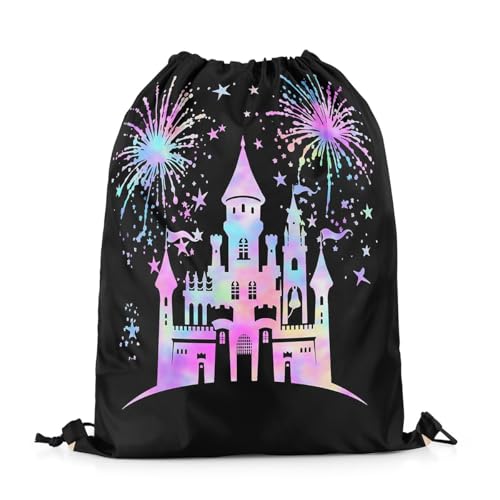 Mochila com cordão de coroa de princesa, bolsa de cordão de conto de fadas dos sonhos, Preto, roxo, rosa, 13'X16'