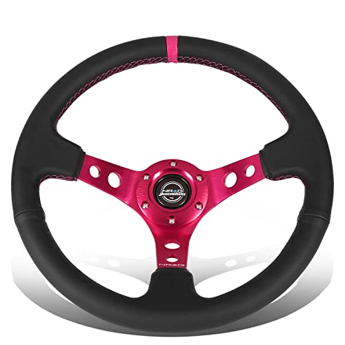 Image of NRG Innovations NRG-RST-006FH Reinforced Steering Wheel 350mm Sport Steering Wheel (3 inch Deep), Black Leather Fushia Center Mark with Fushia Stitching, Fushia Center Spoke