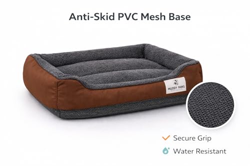 Image of MUDDY PAWS Reversible Sofa Style Dog Bed - Large (68 x 53 x 22 cm) - Plush Fur Surface, Removable Cushion & Anti-Skid Base - Brown & Grey