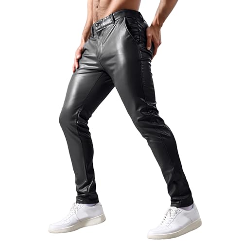 Bauzuoyo Pantalones de látex para hombre, aspecto mojado, elásticos, ajustados, de piel sintética, corte ajustado, pantalones largos de lápiz, ropa de club, suave, monocolor, de piel sintética, Negro