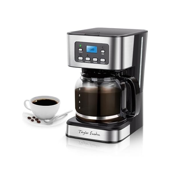 Taylor Swoden 12-Cup Programmable Coffee Maker, Regular & Strong Brew Drip Coffee Machine for Home and Office, Glass Carafe, Pause & Serve, Auto Shut Off, Black & Stainless Steel
