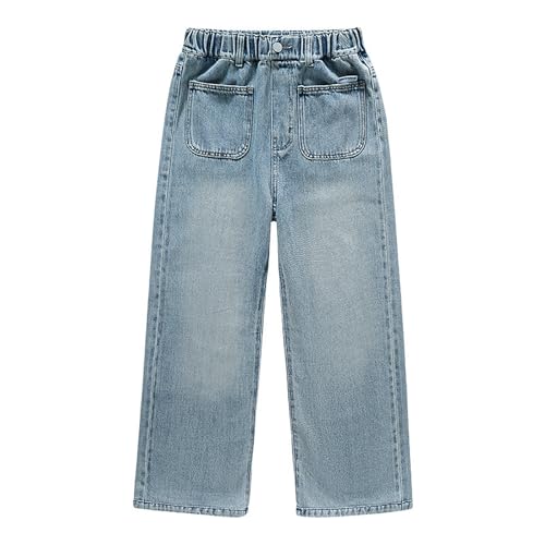 Girls Straight Cropped Jeans Wide Leg High Waist Bootcut Denim Pants Kids Retro Baggy Cute Jeans Trousers with Pockets