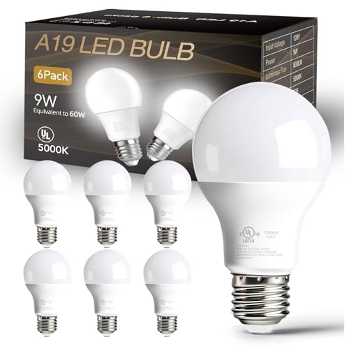 dalattin 6 Pack LED Light Bulbs A19 E26 60 Watt Equivalent Daylight White 5000K Standard Lightbulb, 800 LM, Efficient 9W Energy Saving, Non-Dimmable, 80+ CRI, 120V, UL Listed, for Indoor