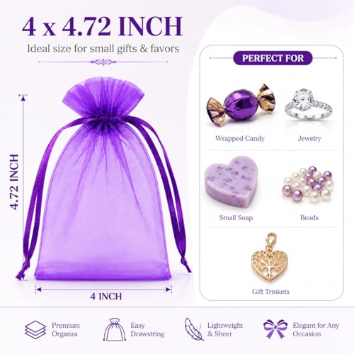 Image of Hopttreely 50pcs Purple Organza Bags, 4x4.72 inch Mesh Bags Drawstring Gift Bags Jewelry Pouches for Candy Wedding Favors Christmas, Bridal Showers, Candy, Jewelry & Goodie Bags