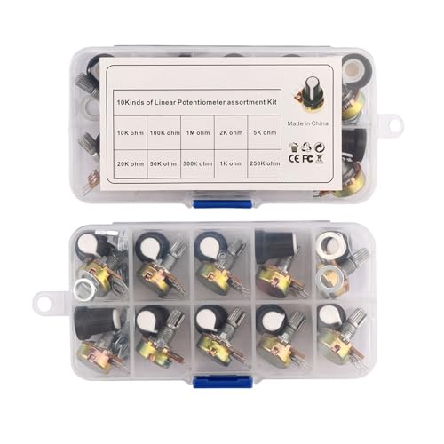 Image of 10Pcs Potentiometer Kit with Switch & Cap | Adjustable Resistors 1K /2K /5K /10K /20K /50K /100K /250K /500K /1M | Durable Carbon Film & Metal Build with 10 Knobs, Nuts & Washers in Storage Box