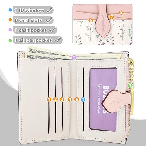 Small Wallet Womens Pink Flower Cute Wallets for Ladies Slim Change Purse for Ladies Bifold Wallet Womens With Zipper Coin Pocket Purses Card Holder for Women4