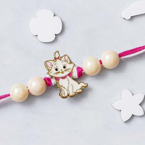 Image of eCraftIndia Pink and White Marie Cute Cat with Beads Designer Pet Rakhi for Kids & Brother with Roli Chawal Pack | Cartoon Theme Raksha Bandhan Rakhi Gift Set
