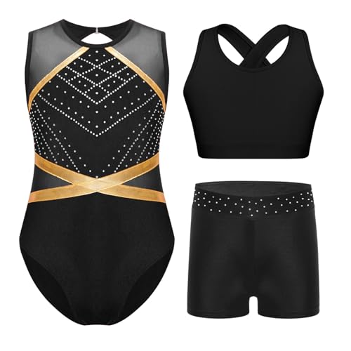 TSSOE Trio Danza 3 Pezzi Ragazza Body Ginnastica Ritmica Senza Maniche & Gilet Balletto & Short Abbigliamento Pattinaggio Artistico Nero 11-12 anni