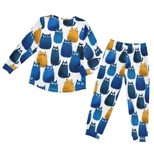 Blue Cats Watercolor Soft Pajama Set for All Seasons,Breathable Pjs Long Sleeve Sleepwear,Comfy Loungewear 2 Piece Underwear Set 5T2