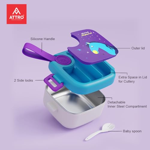 Image of ATTRO KidsMate Horse Lunch Box Stainless Steel Comes with 1 Detachable Tray| Leak-Proof & Durable | Plastic Spoon | Ideal for Kids, School, Picnic - Blue Purple - 500ml