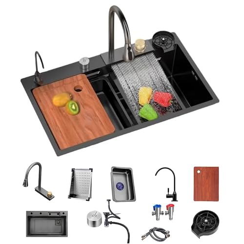 Évier de cuisine à cuve unique avec cascade d'eau et accessoires intégrés - 2
