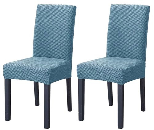 Image of House of Quirk Elastic Jacquard Chair Cover Stretch Removable Washable Short Dining Chair Cover Protector Seat Slipcover (Pack of 2, Sky Blue)