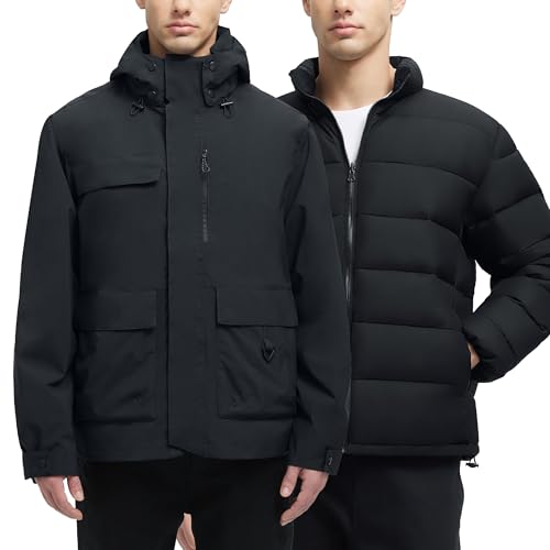 YGREYG Men's 3 in 1 Waterproof Winter Jackets Ski Warm Snow Rain Coat Puffer Liner Hood Windbreaker Black L