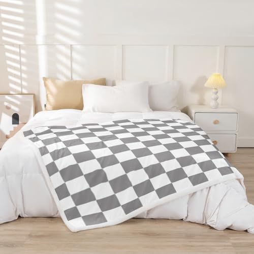 Image of Erosebridal Gray Checkered Sherpa Blanket Queen 90 inchX90 inch White Grey Checkerboard Grid Fleece Bed Blanket,Geometric Buffalo Plaid Throw Blanket for Kids Boys Teen Adults Men Gingham Fuzzy Blanket
