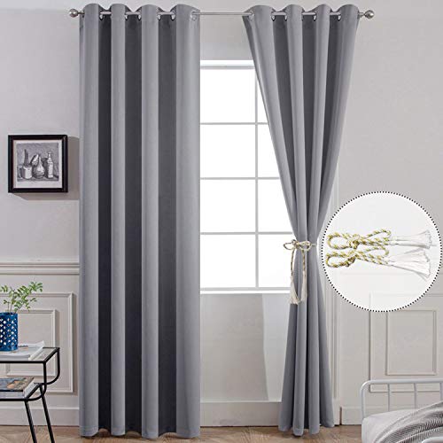 Yakamok 96 Inches Thermal Insulated Gray Blackout Curtains Room Darkening Window Drapes with 8 Grommets,52 Inch Width, Set of 2, 2 Tie Backs Included