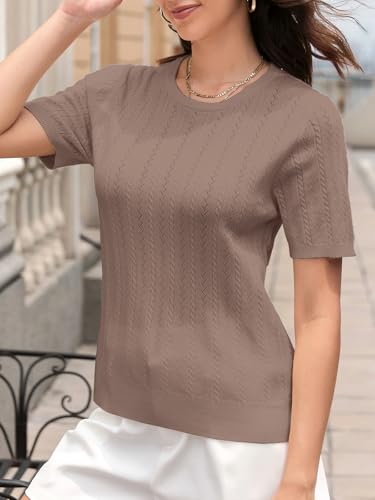 Image of SANGTREE Women's Cable Knit Half Sleeve Sweaters, Crew Neck Solid Color Knitted Summer Pullover Tops