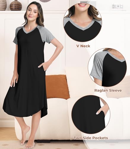 Image of NACHILA Women's Nightgowns-Viscose Made from Bamboo, Soft Sleepshirt Short Sleeve Nightshirt V Neck Sleepwear Cool Loungewear