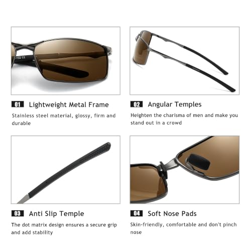 Image of SUNGAIT Ultra-Lightweight Polarized Sunglasses Men for Driving Fishing Golf, Rectangular Metal Frame with Spring Hinge