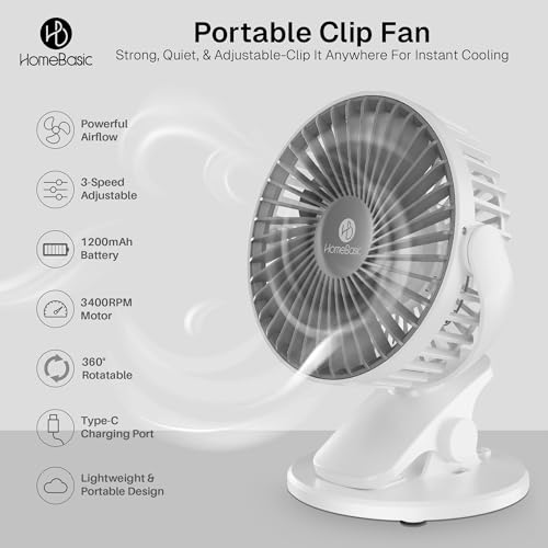 Image of HOMEBASIC Rechargeable Mini Clip Fan, 3 Speed USB Fan with 360 Rotation, 3400 RPM Silent Brushless Motor, Portable and Quiet Cooling for Home, Office, Stroller, and Travel, Type-C Charging Baby Safe