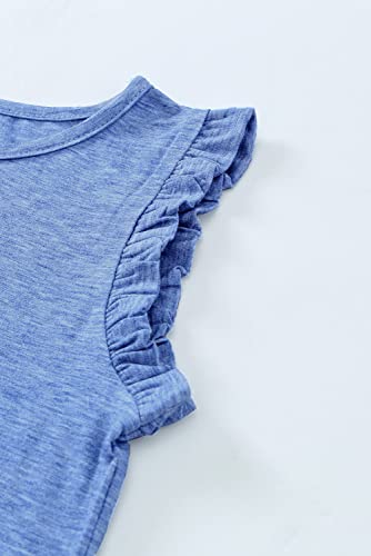 Blibean Girl Summer Clothes Set Ruffle Sleeveless Matching Outfits Tween Kids Short Sleeve Solid Tee Shirts Clothing Lounge Tops Pants Size 12-13 Year Old Blue #TOP4