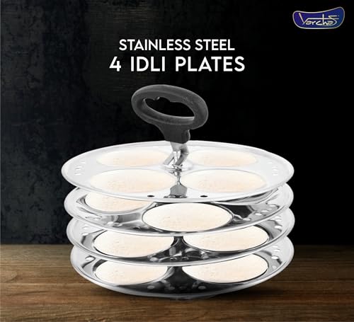 Image of VARCHAS Stainless Steel Idli Cooker with 4 Plates and Lid | 16 Idlis | Idly Maker | Silver | Steamer | Compatible with Gas and Induction