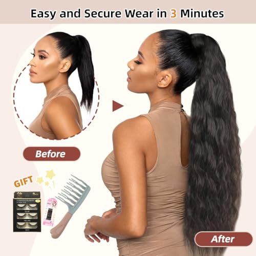 Ponytail Extension Human Hair Wrap Around - 100G 14Inch Dark Brown, Magic Paste Elastic Corn Wave Soft Brazilian Virgin Human Hair Ponytail for Black Women — view 4