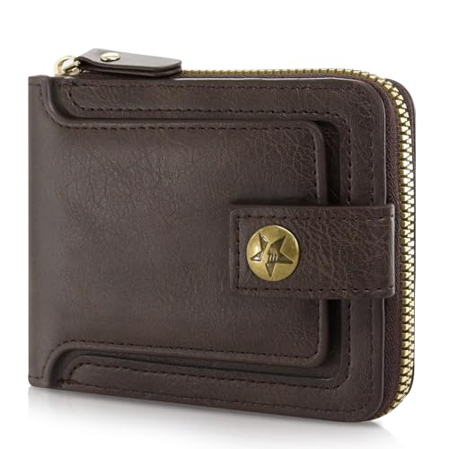 AdiStylinno Men Wallet, Vintage PU Leather Multi-Card Zipper Wallet with 8 Card Slots and Coin Pocket Large Capacity Buckle Credit Card Holder Wallet with Zipper (A, Dark Brown)