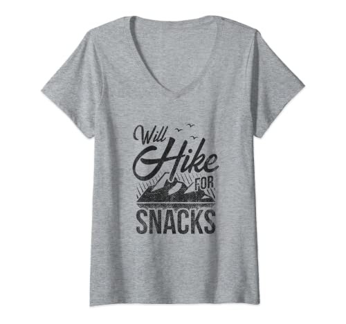 Mujer Will Hike For Snacks Divertido Senderismo Gráfico Camiseta Cuello V
